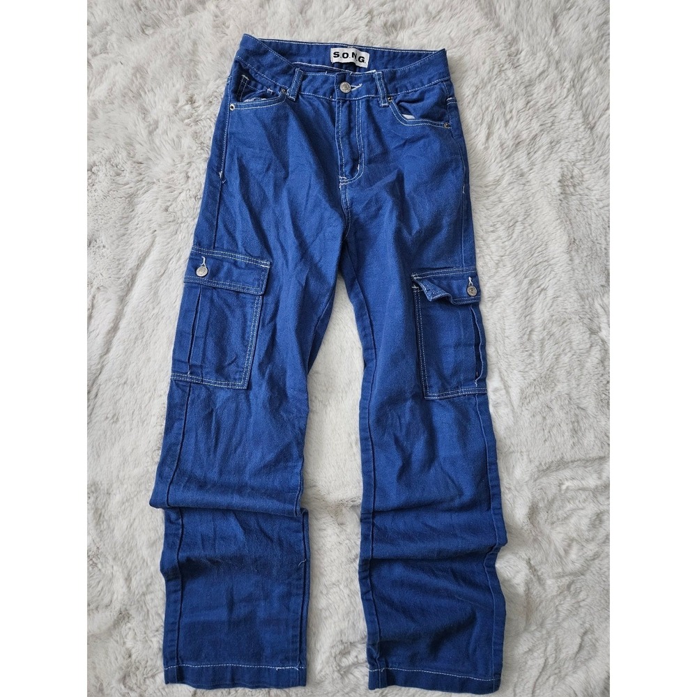 S.O.N.G. Royal Blue Cargo Pants Contrast Stitch Wide‎ Leg Y2K 00/23 100% Cotton